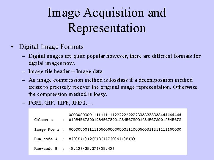 Image Acquisition and Representation • Digital Image Formats – Digital images are quite popular