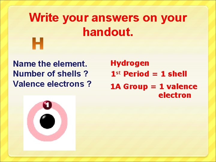 Write your answers on your handout. Name the element. Number of shells ? Valence