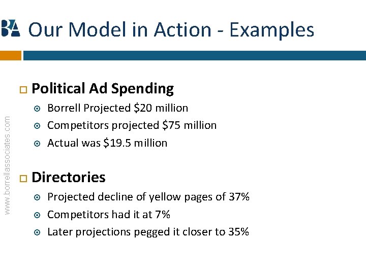 Our Model in Action - Examples Political Ad Spending www. borrellassociates. com Borrell Projected