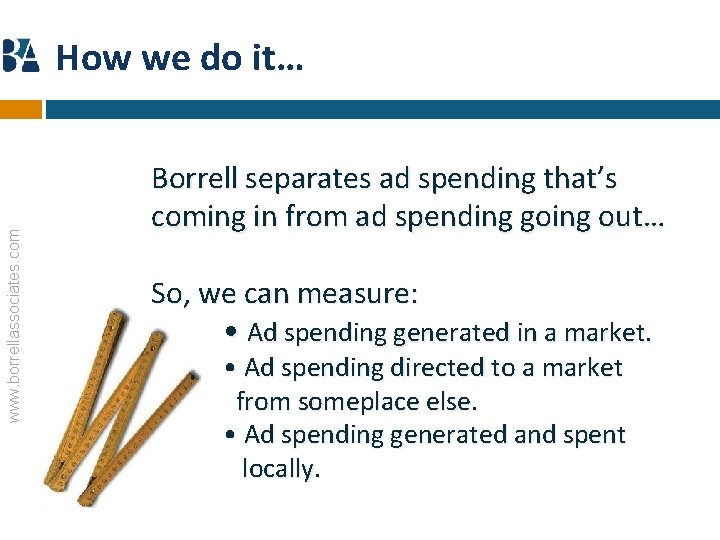 www. borrellassociates. com How we do it… Borrell separates ad spending that’s coming in