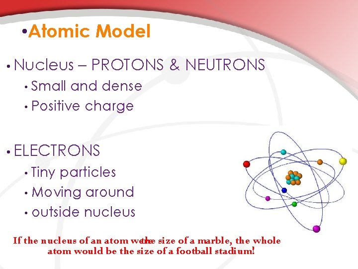  • Atomic Model • Nucleus – PROTONS & NEUTRONS Small and dense •