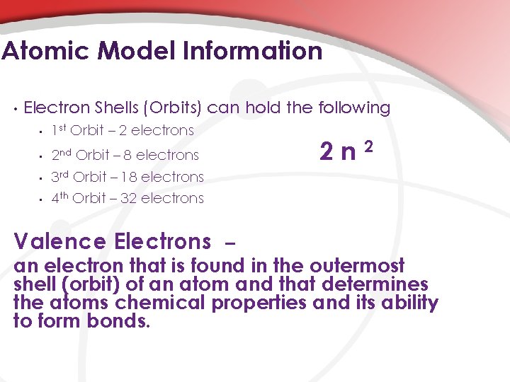 Atomic Model Information • Electron Shells (Orbits) can hold the following • 1 st