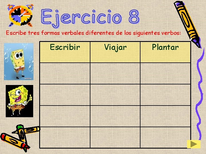 Escribe tres formas verbales diferentes de los siguientes verbos: Escribir Viajar Plantar 