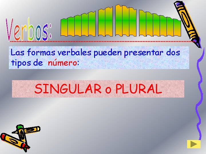 Las formas verbales pueden presentar dos tipos de número: SINGULAR o PLURAL 