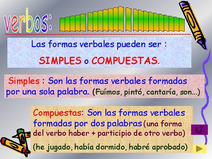 Las formas verbales pueden ser : SIMPLES o COMPUESTAS. Simples : Son las formas