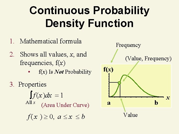 Continuous Probability Density Function 1. Mathematical formula 2. Shows all values, x, and frequencies,