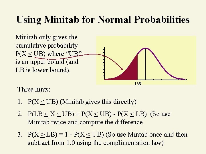 Using Minitab for Normal Probabilities Minitab only gives the cumulative probability P(X < UB)