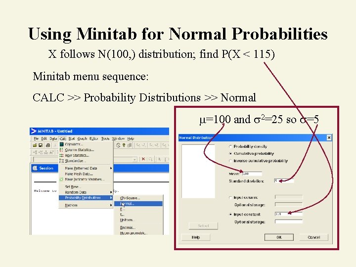 Using Minitab for Normal Probabilities X follows N(100, ) distribution; find P(X < 115)