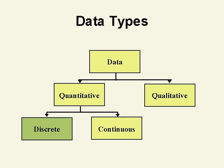 Data Types Data Quantitative Discrete Continuous Qualitative 