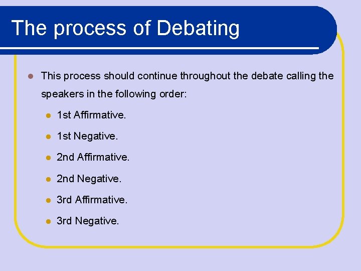 The process of Debating This process should continue throughout the debate calling the speakers