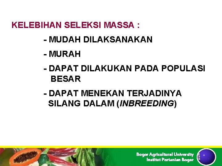 KELEBIHAN SELEKSI MASSA : - MUDAH DILAKSANAKAN - MURAH - DAPAT DILAKUKAN PADA POPULASI KELEBIHAN SELEKSI MASSA : - MUDAH DILAKSANAKAN - MURAH - DAPAT DILAKUKAN PADA POPULASI