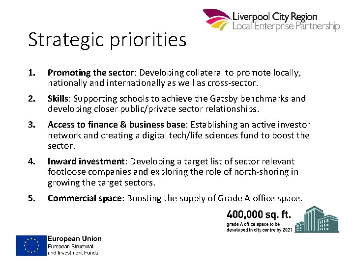 Strategic priorities 1. Promoting the sector: Developing collateral to promote locally, nationally and internationally