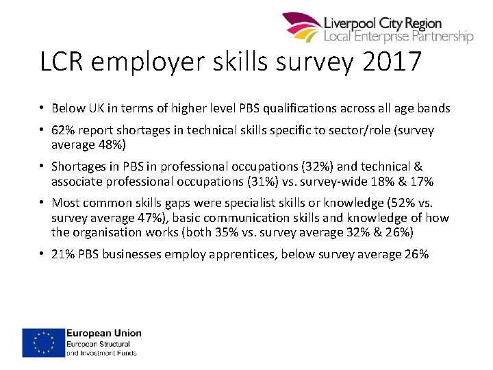 LCR employer skills survey 2017 • Below UK in terms of higher level PBS