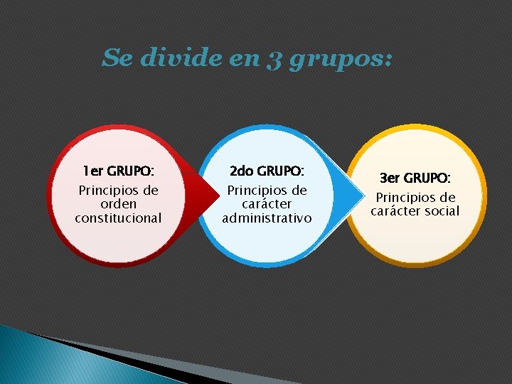 Se divide en 3 grupos: 1 er GRUPO: Principios de orden constitucional 2 do