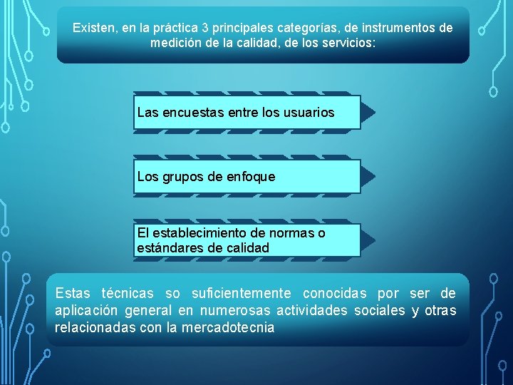 Existen, en la práctica 3 principales categorías, de instrumentos de medición de la calidad,