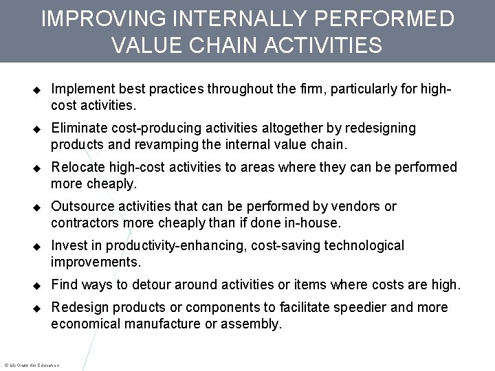 IMPROVING INTERNALLY PERFORMED VALUE CHAIN ACTIVITIES Implement best practices throughout the firm, particularly for