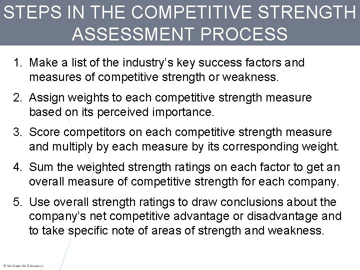 STEPS IN THE COMPETITIVE STRENGTH ASSESSMENT PROCESS 1. Make a list of the industry’s