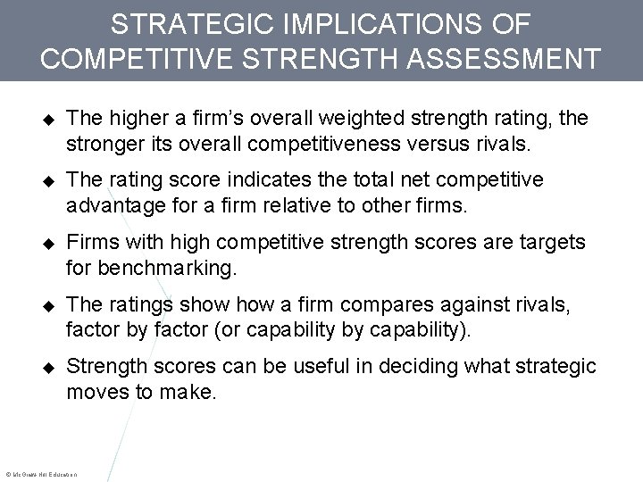 STRATEGIC IMPLICATIONS OF COMPETITIVE STRENGTH ASSESSMENT The higher a firm’s overall weighted strength rating,