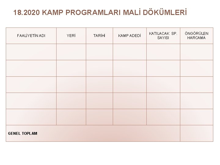 18. 2020 KAMP PROGRAMLARI MALİ DÖKÜMLERİ FAALİYETİN ADI GENEL TOPLAM YERİ TARİHİ KAMP ADEDİ