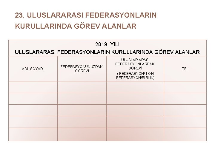 23. ULUSLARARASI FEDERASYONLARIN KURULLARINDA GÖREV ALANLAR 2019 YILI ULUSLARARASI FEDERASYONLARIN KURULLARINDA GÖREV ALANLAR ADI-