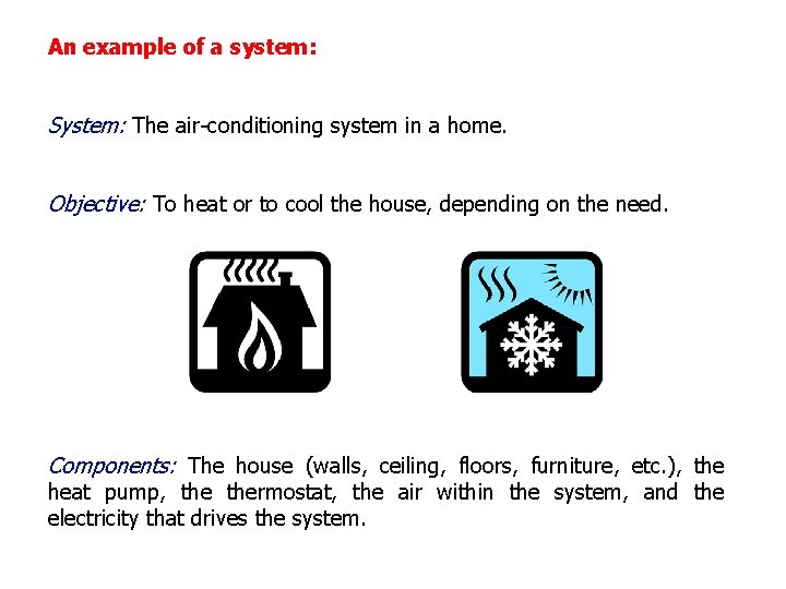 An example of a system: System: The air-conditioning system in a home. Objective: To