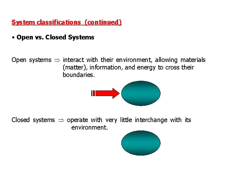 System classifications (continued) • Open vs. Closed Systems Open systems interact with their environment,