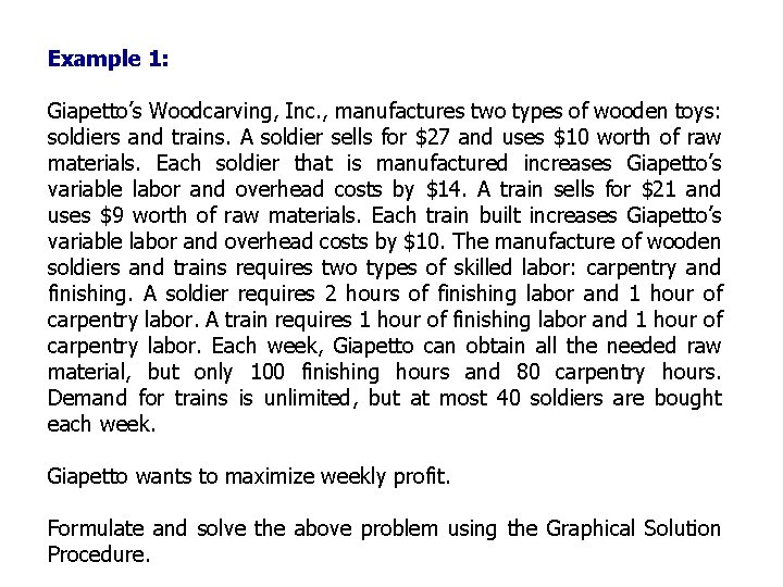 Example 1: Giapetto’s Woodcarving, Inc. , manufactures two types of wooden toys: soldiers and