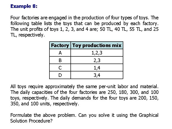 Example 8: Four factories are engaged in the production of four types of toys.