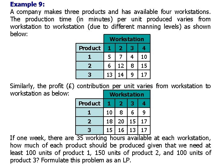 Example 9: A company makes three products and has available four workstations. The production