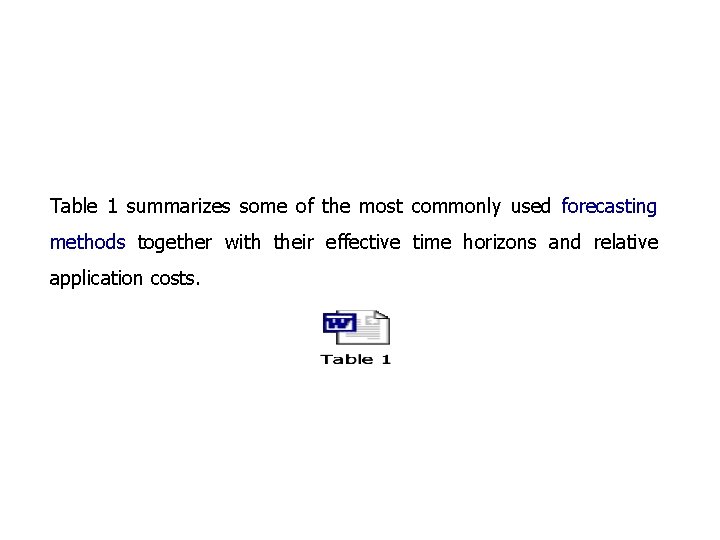 Table 1 summarizes some of the most commonly used forecasting methods together with their