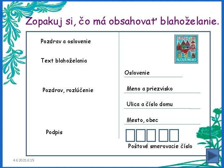 Zopakuj si, čo má obsahovať blahoželanie. Pozdrav a oslovenie Text blahoželania Oslovenie Pozdrav, rozlúčenie