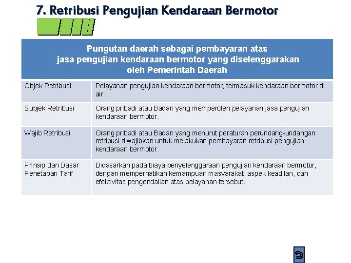 7. Retribusi Pengujian Kendaraan Bermotor Pungutan daerah sebagai pembayaran atas jasa pengujian kendaraan bermotor