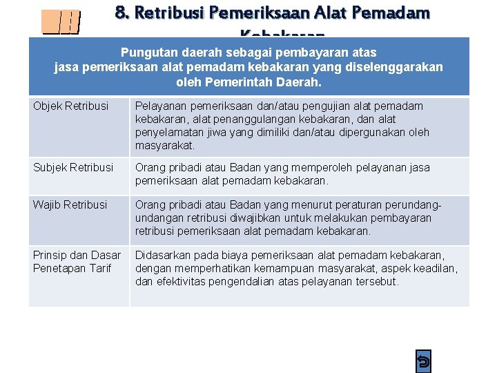 8. Retribusi Pemeriksaan Alat Pemadam Kebakaran Pungutan daerah sebagai pembayaran atas jasa pemeriksaan alat