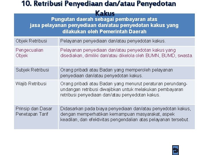 10. Retribusi Penyediaan dan/atau Penyedotan Kakus Pungutan daerah sebagai pembayaran atas jasa pelayanan penyediaan