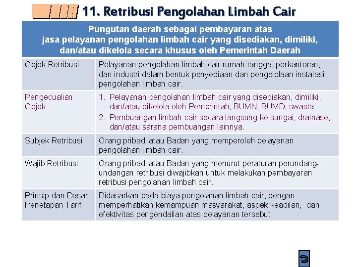 11. Retribusi Pengolahan Limbah Cair Pungutan daerah sebagai pembayaran atas jasa pelayanan pengolahan limbah