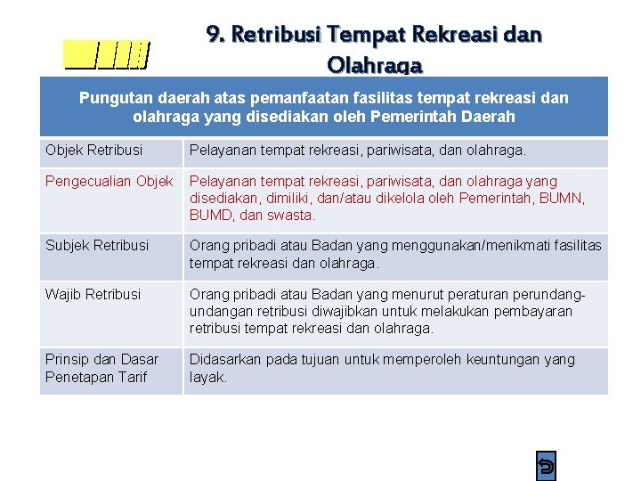 9. Retribusi Tempat Rekreasi dan Olahraga Pungutan daerah atas pemanfaatan fasilitas tempat rekreasi dan