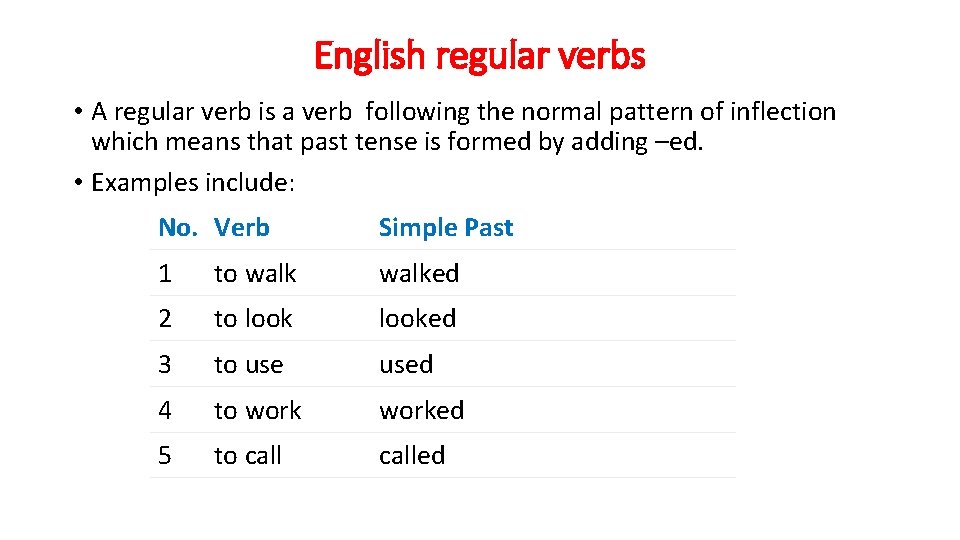 English regular verbs • A regular verb is a verb following the normal pattern