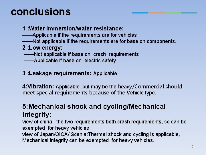 conclusions 1 : Water immersion/water resistance: ——Applicable if the requirements are for vehicles ；