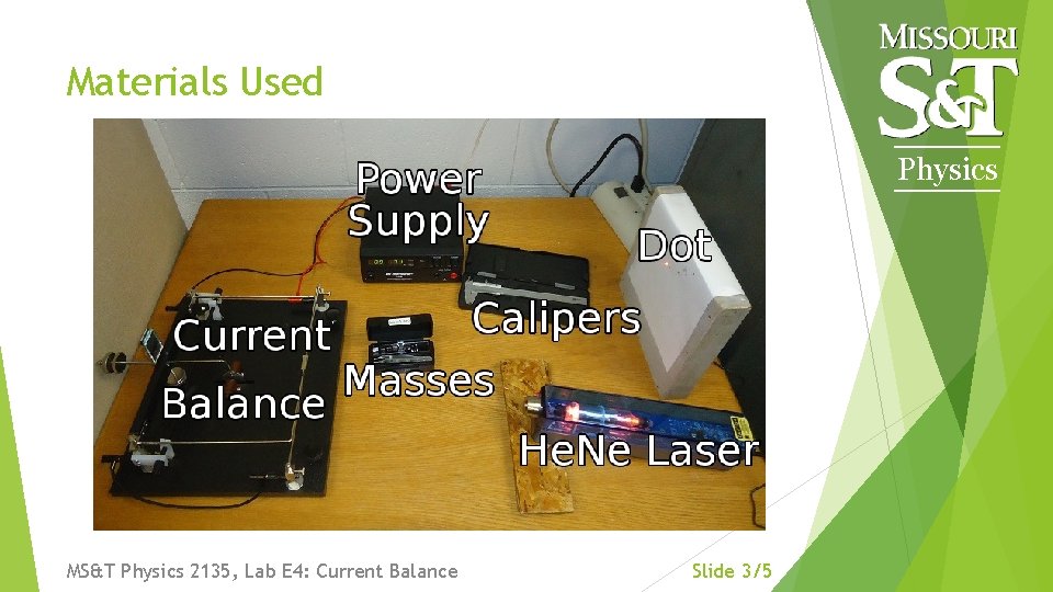 Materials Used Physics MS&T Physics 2135, Lab E 4: Current Balance Slide 3/5 