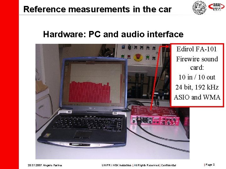 Reference measurements in the car Hardware: PC and audio interface Edirol FA-101 Firewire sound