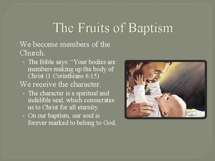 The Fruits of Baptism � We become members of the Church. • The Bible