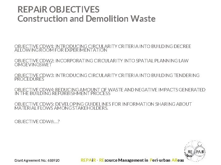 REPAi. R OBJECTIVES Construction and Demolition Waste OBJECTIVE CDW 1: INTRODUCING CIRCULARITY CRITERIA INTO