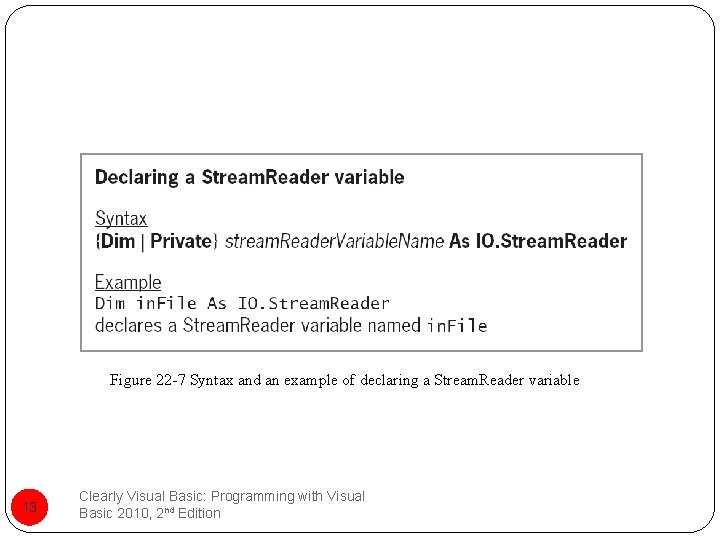 Figure 22 -7 Syntax and an example of declaring a Stream. Reader variable 13