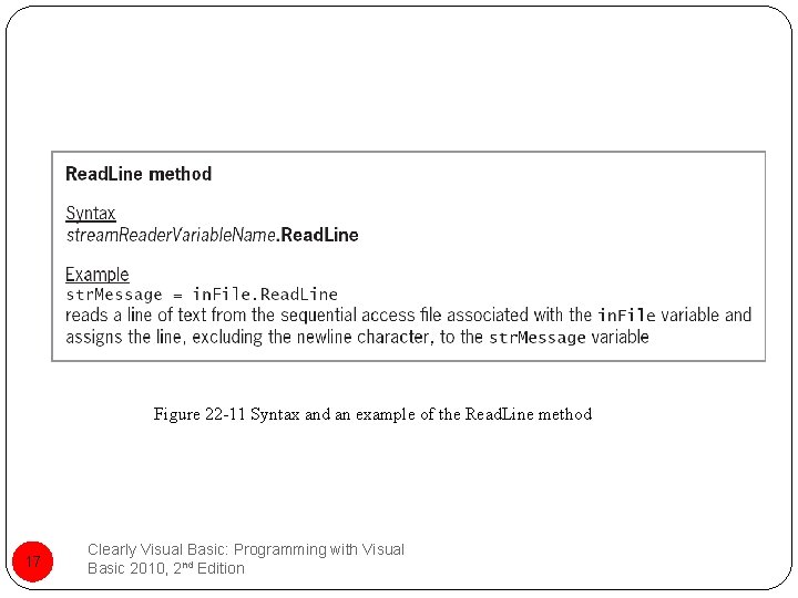 Figure 22 -11 Syntax and an example of the Read. Line method 17 Clearly