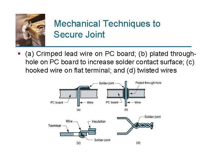 Mechanical Techniques to Secure Joint § (a) Crimped lead wire on PC board; (b)