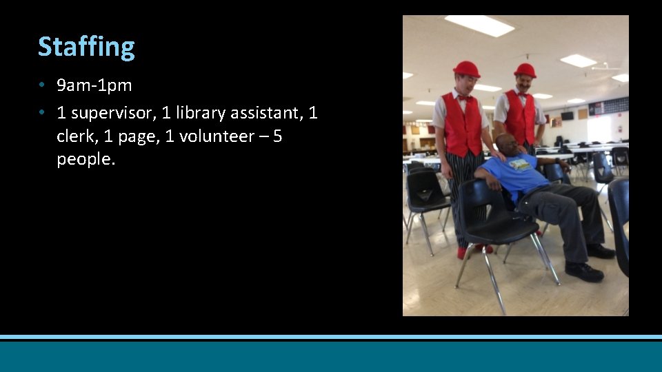 Staffing • 9 am-1 pm • 1 supervisor, 1 library assistant, 1 clerk, 1