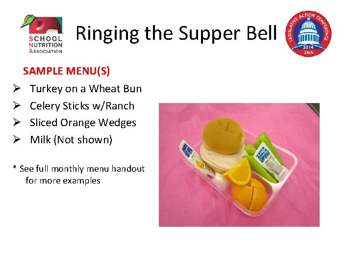 Ringing the Supper Bell SAMPLE MENU(S) Ø Turkey on a Wheat Bun Ø Celery