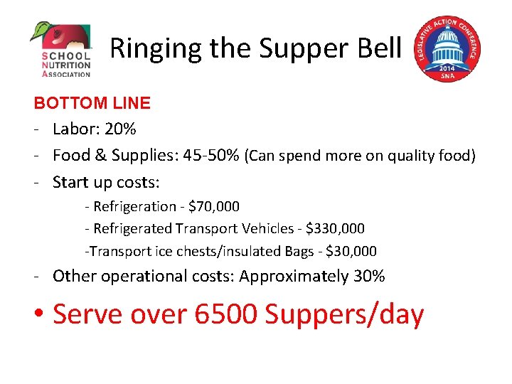 Ringing the Supper Bell BOTTOM LINE - Labor: 20% - Food & Supplies: 45