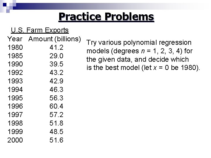 Practice Problems U. S. Farm Exports Year Amount (billions) 1980 41. 2 1985 29.