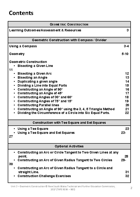 Contents GEOMETRIC CONSTRUCTION Learning Outcomes/Assessment & Resources 3 Geometric Construction with Compass / Divider